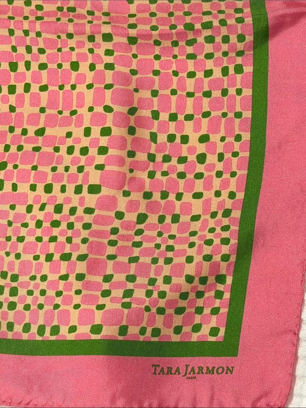 Tara Jarmon Hot Pink Silk Scarf with Green Geo Border